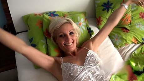 Good looking blonde teen with small tits fucks with a toy